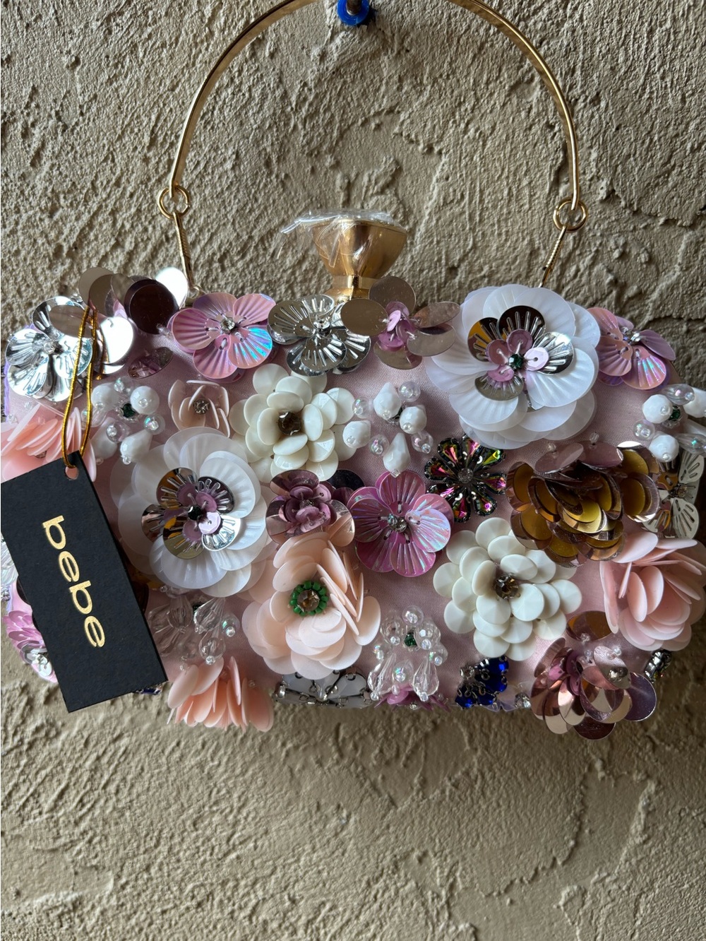 Bebe Embellished Floral Clutch in Blush, Pink and White